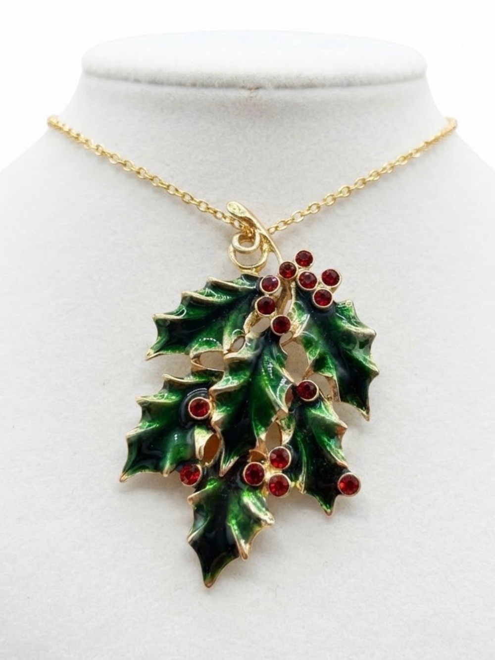 Vintage Pendant/Brooch: Gold-Tone Enamel Holly Leaves with Red Crystal Berries